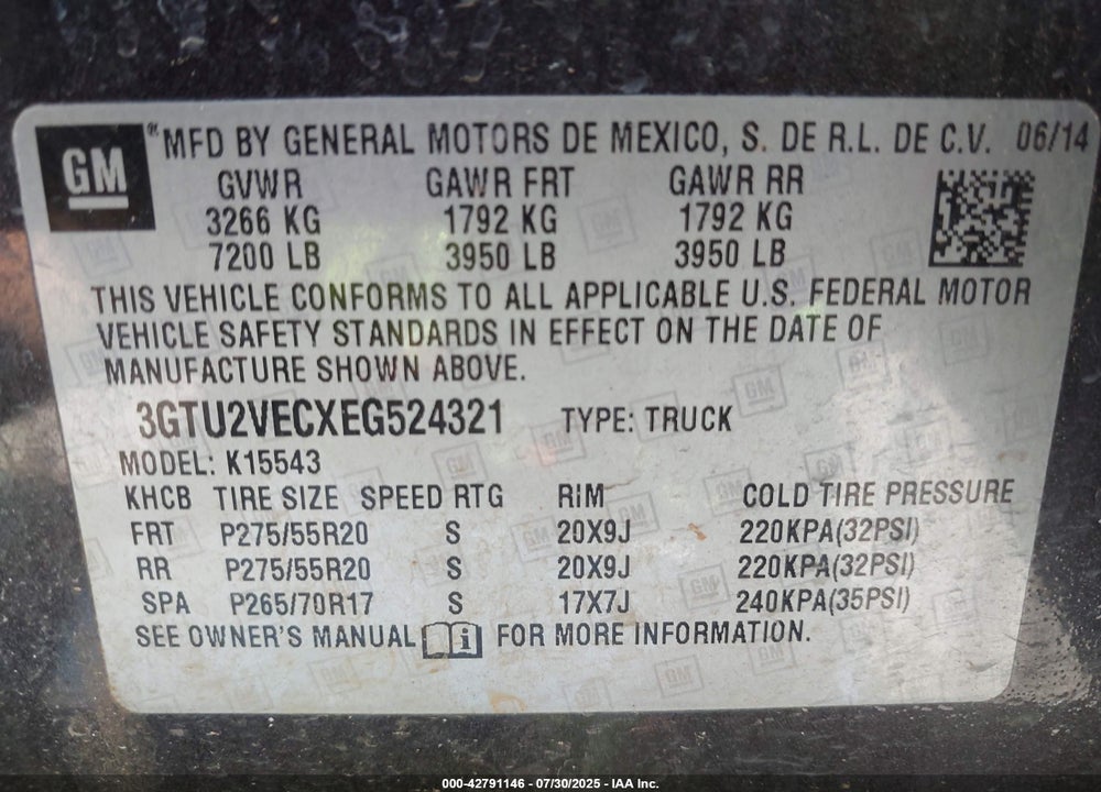 2014 GMC SIERRA 1500 VIN: 3GTU2VECXEG524321