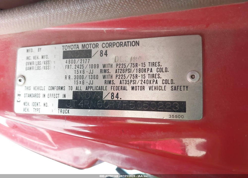 1985 TOYOTA PICKUP RN60 VIN: JT4RN60R7F5050223