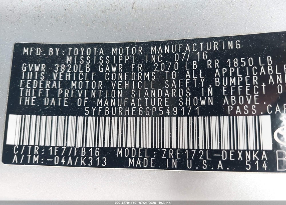 2016 TOYOTA COROLLA VIN: 5YFBURHE6GP549171