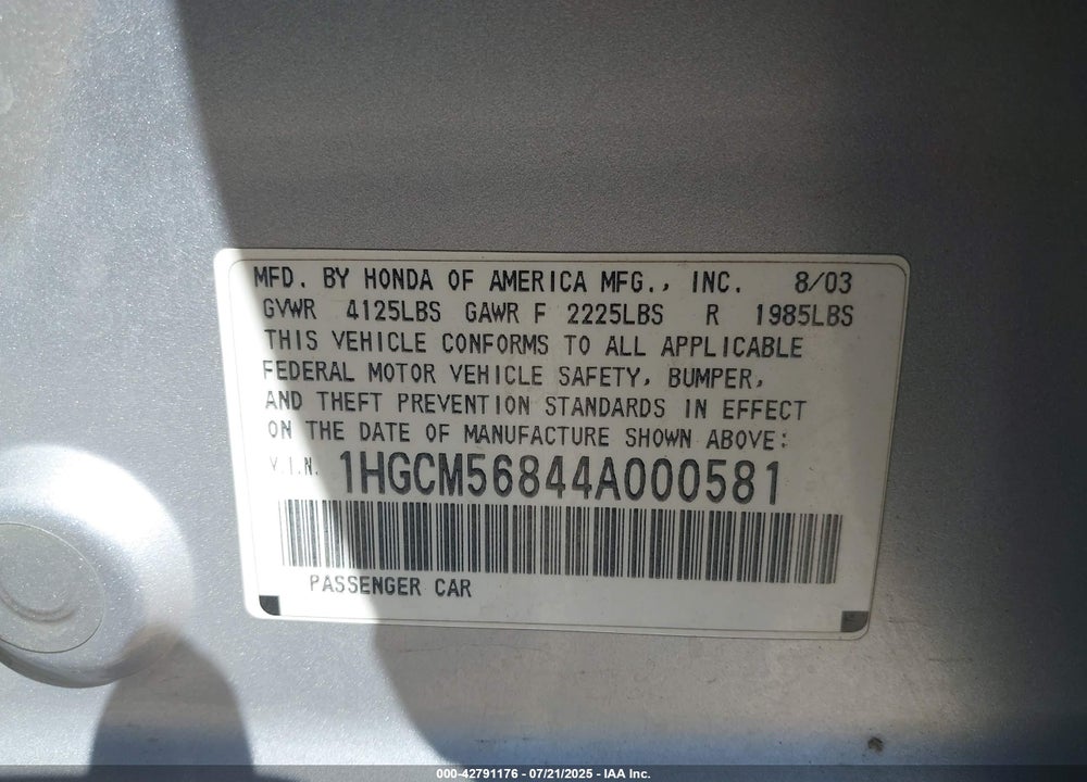 2004 HONDA ACCORD 2.4 EX VIN: 1HGCM56844A000581