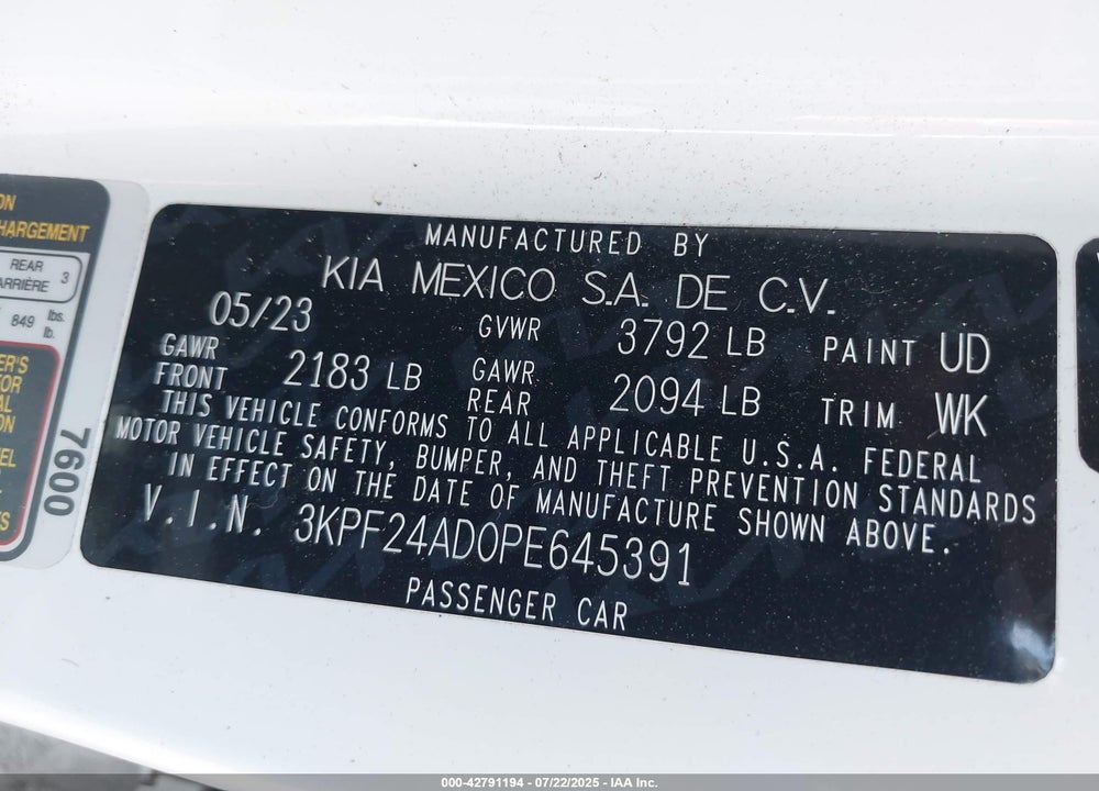 2023 KIA FORTE VIN: 3KPF24AD0PE645391