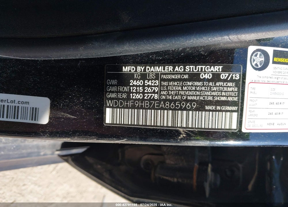 2014 MERCEDES-BENZ E-CLASS VIN: WDDHF9HB7EA865969