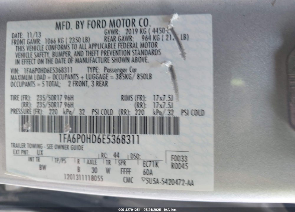 2014 FORD FUSION VIN: 1FA6P0HD6E5368311