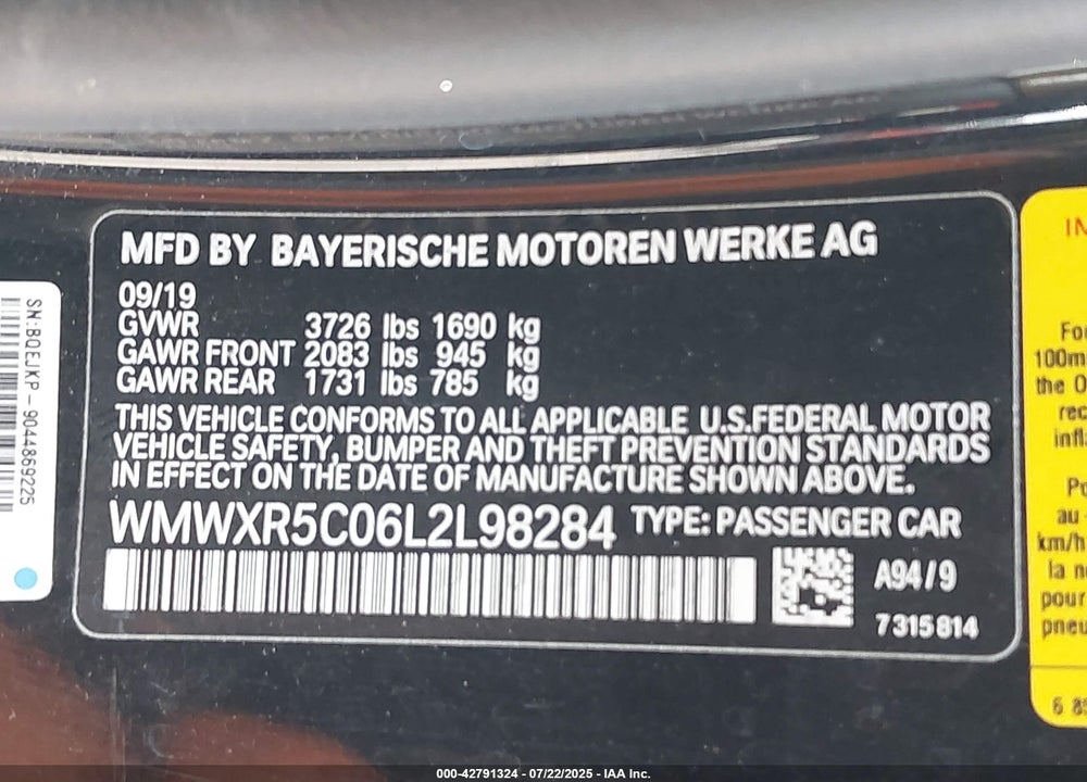 2020 MINI HARDTOP VIN: WMWXR5C06L2L98284