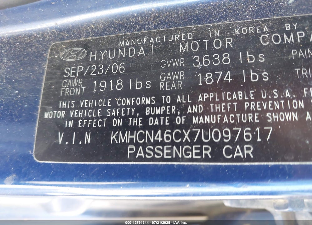 2007 HYUNDAI ACCENT GLS VIN: KMHCN46CX7U097617