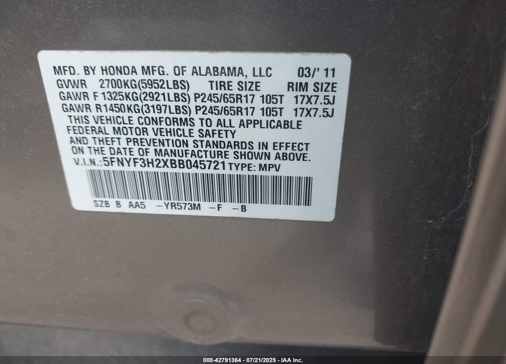2011 HONDA PILOT VIN: 5FNYF3H2XBB045721
