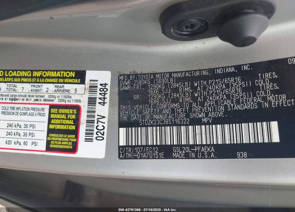2008 TOYOTA SIENNA LE VIN: 5TDZK23C38S116322