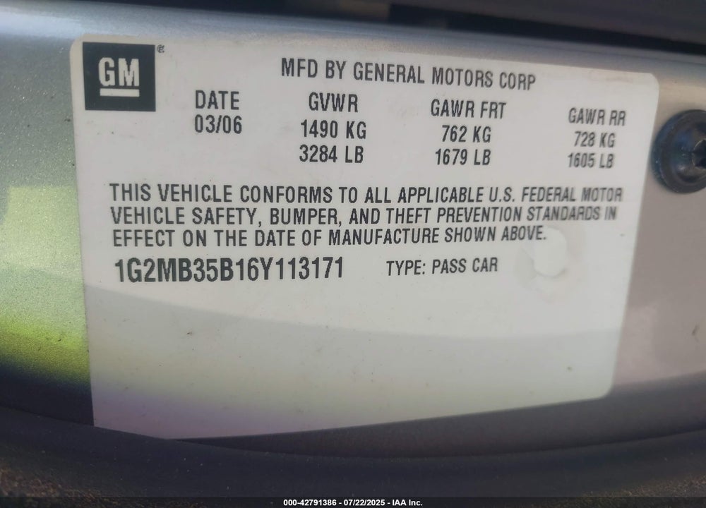 2006 PONTIAC SOLSTICE VIN: 1G2MB35B16Y113171