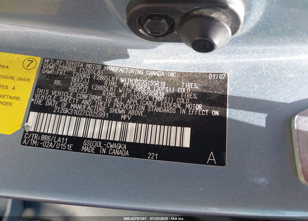 2007 LEXUS RX350 VIN: 2T2GK31U27C025991