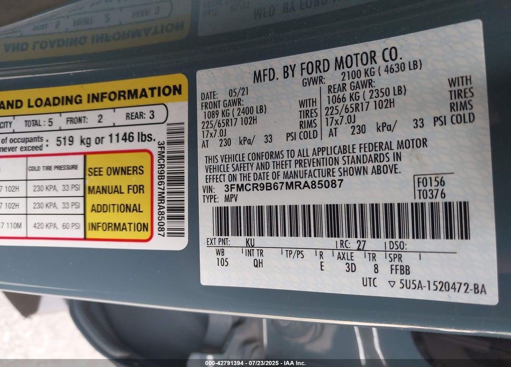 2021 FORD BRONCO SPORT VIN: 3FMCR9B67MRA85087