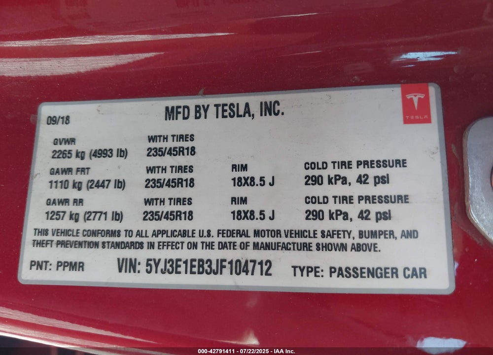 2018 TESLA MODEL 3 VIN: 5YJ3E1EB3JF104712