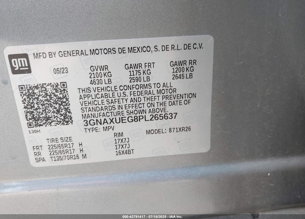 2023 CHEVROLET EQUINOX VIN: 3GNAXUEG8PL265637