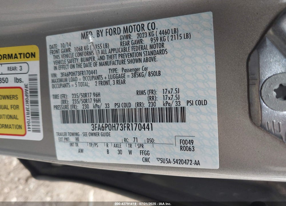 2015 FORD FUSION VIN: 3FA6P0H73FR170441