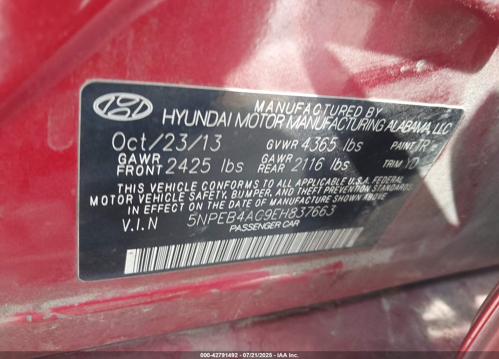 2014 HYUNDAI SONATA VIN: 5NPEB4AC9EH837663