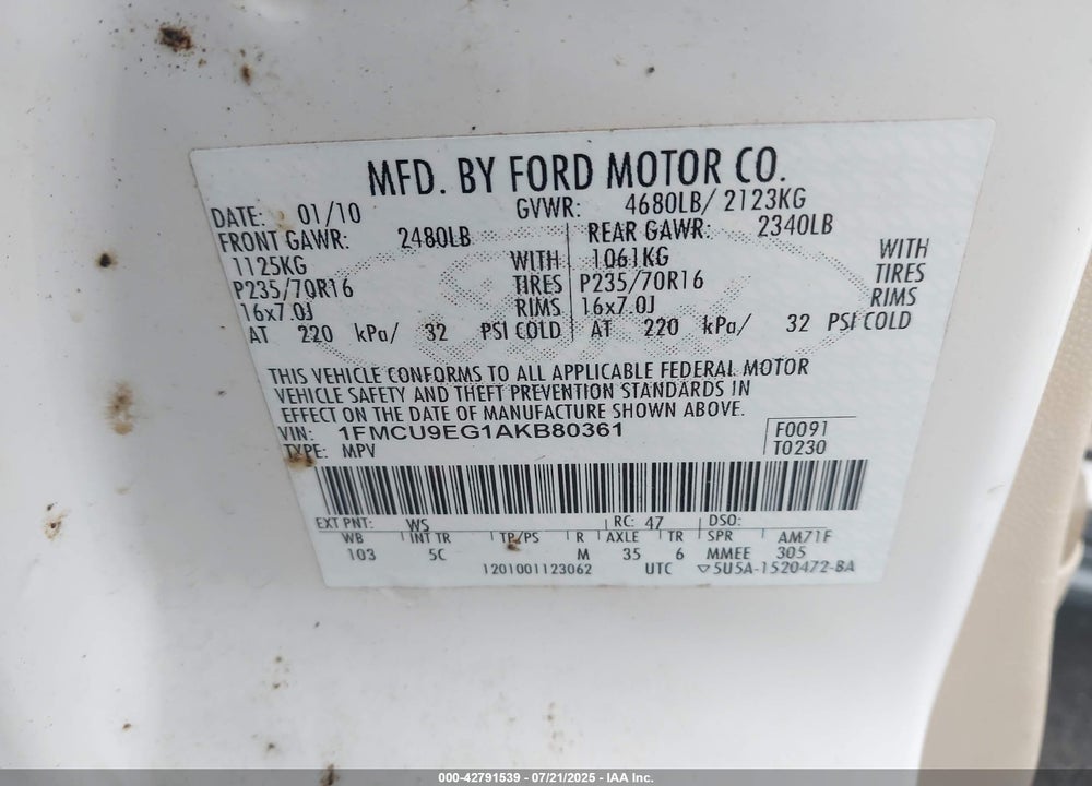2010 FORD ESCAPE VIN: 1FMCU9EG1AKB80361