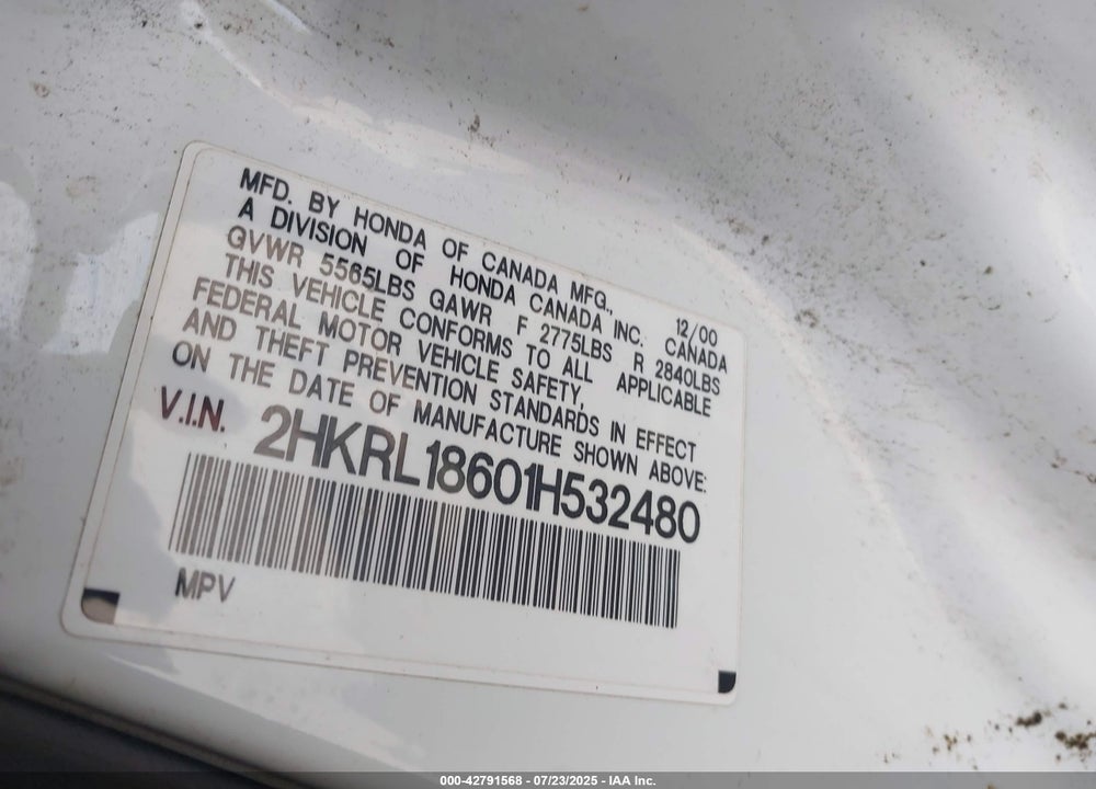2001 HONDA ODYSSEY VIN: 2HKRL18601H532480