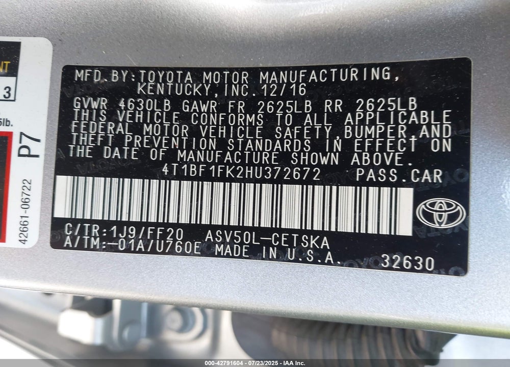2017 TOYOTA CAMRY VIN: 4T1BF1FK2HU372672