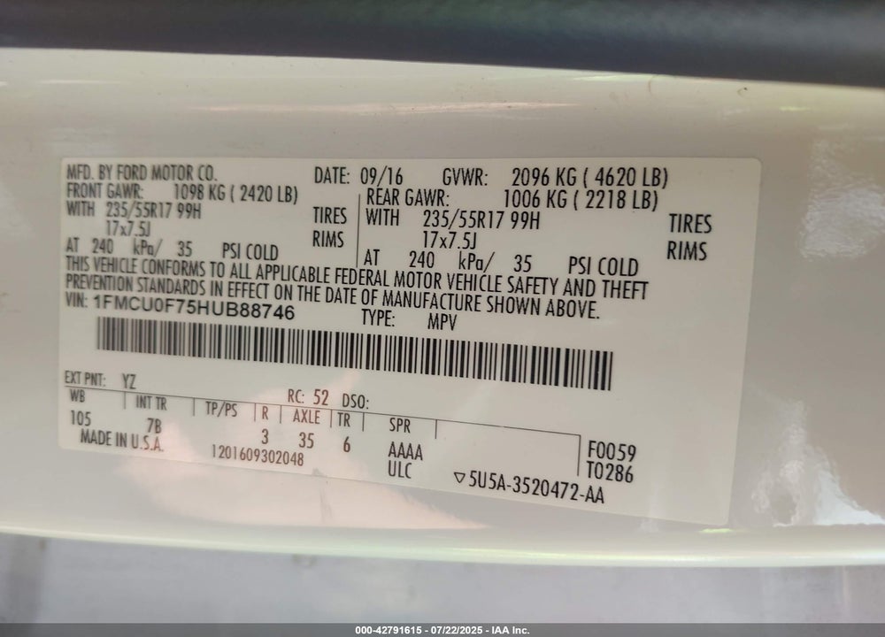 2017 FORD ESCAPE S VIN: 1FMCU0F75HUB88746