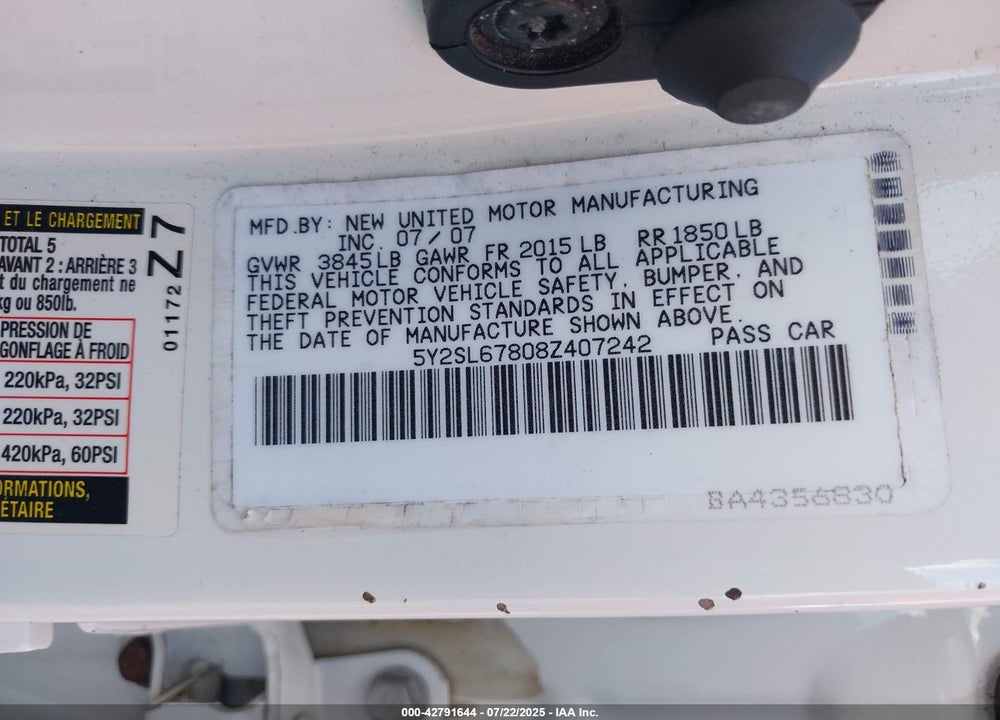 2008 PONTIAC VIBE VIN: 5Y2SL67808Z407242
