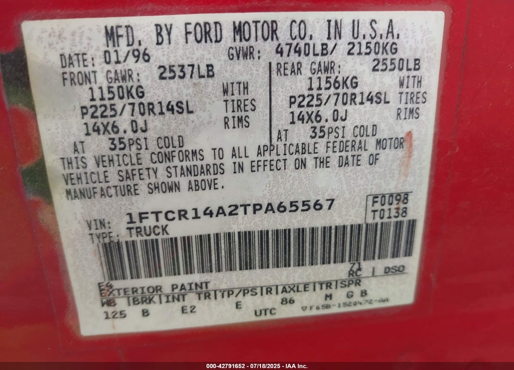 1996 FORD RANGER SUPER CAB VIN: 1FTCR14A2TPA65567