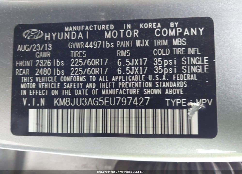 2014 HYUNDAI TUCSON VIN: KM8JU3AG5EU797427