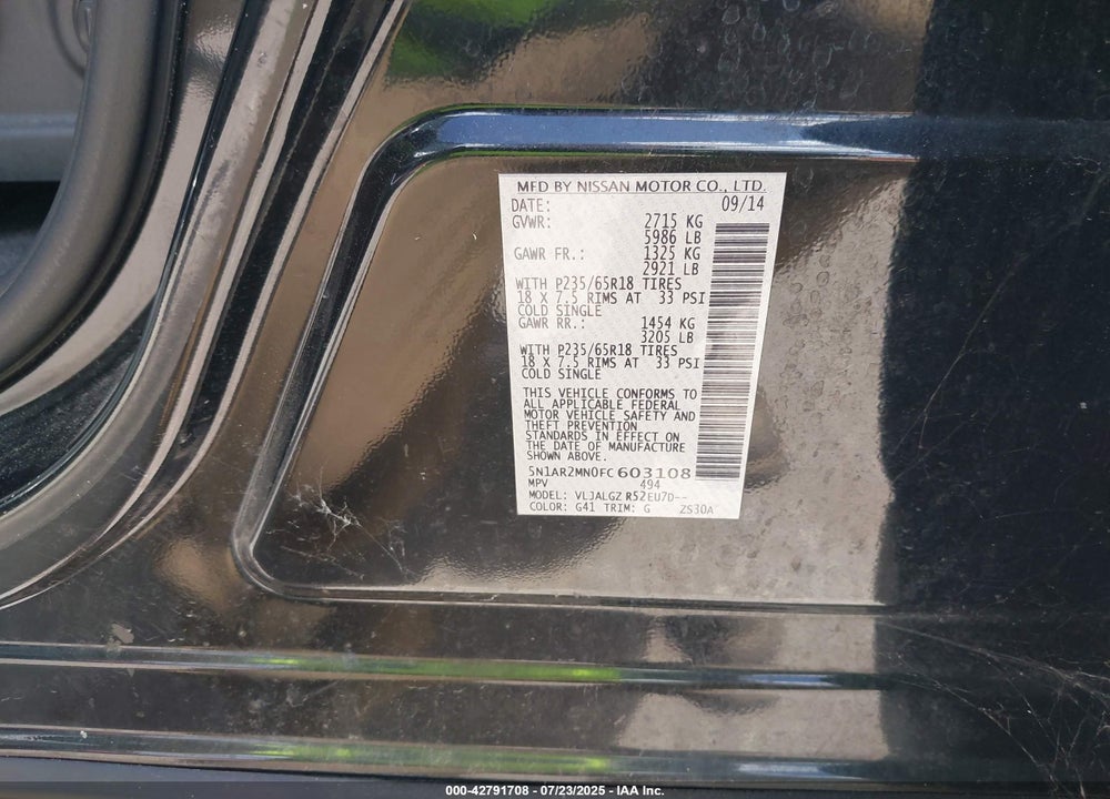 2015 NISSAN PATHFINDER VIN: 5N1AR2MN0FC603108