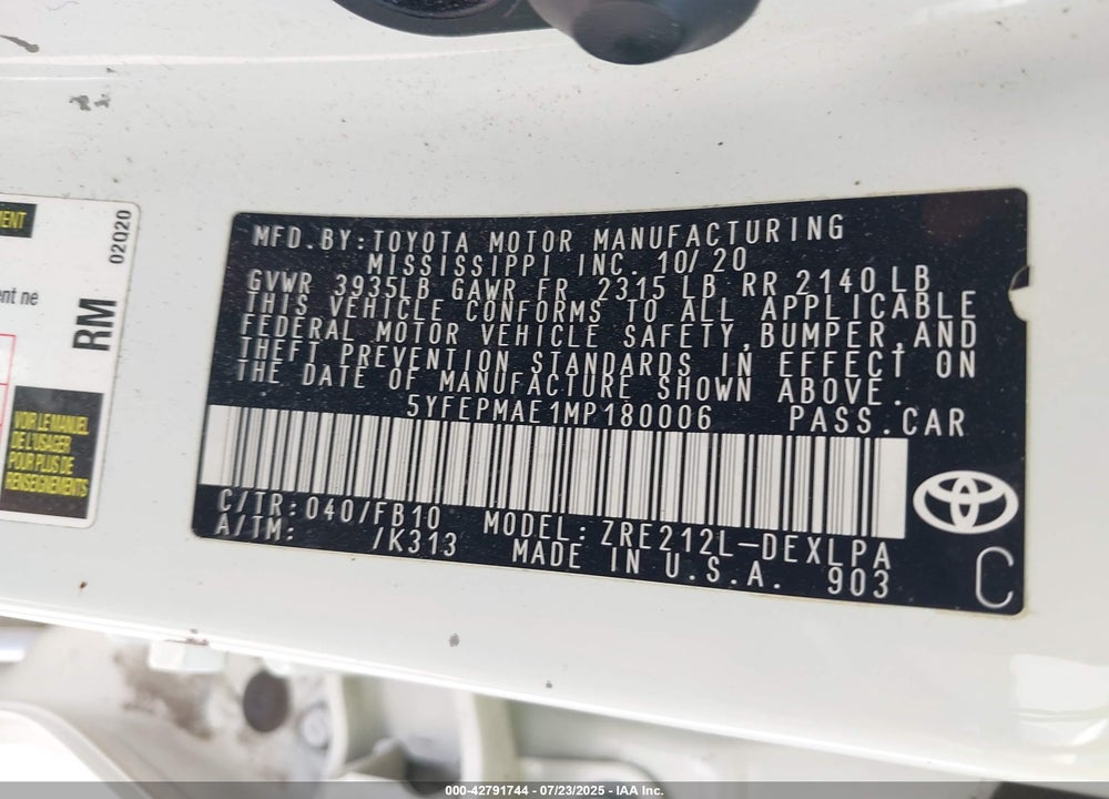 2021 TOYOTA COROLLA VIN: 5YFEPMAE1MP180006