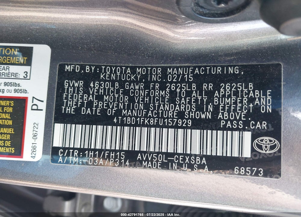 2015 TOYOTA CAMRY HYBRID VIN: 4T1BD1FK8FU157929