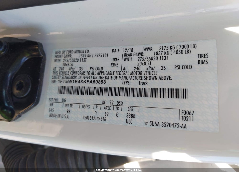 2019 FORD F-150 VIN: 1FTEW1E4XKFA60888