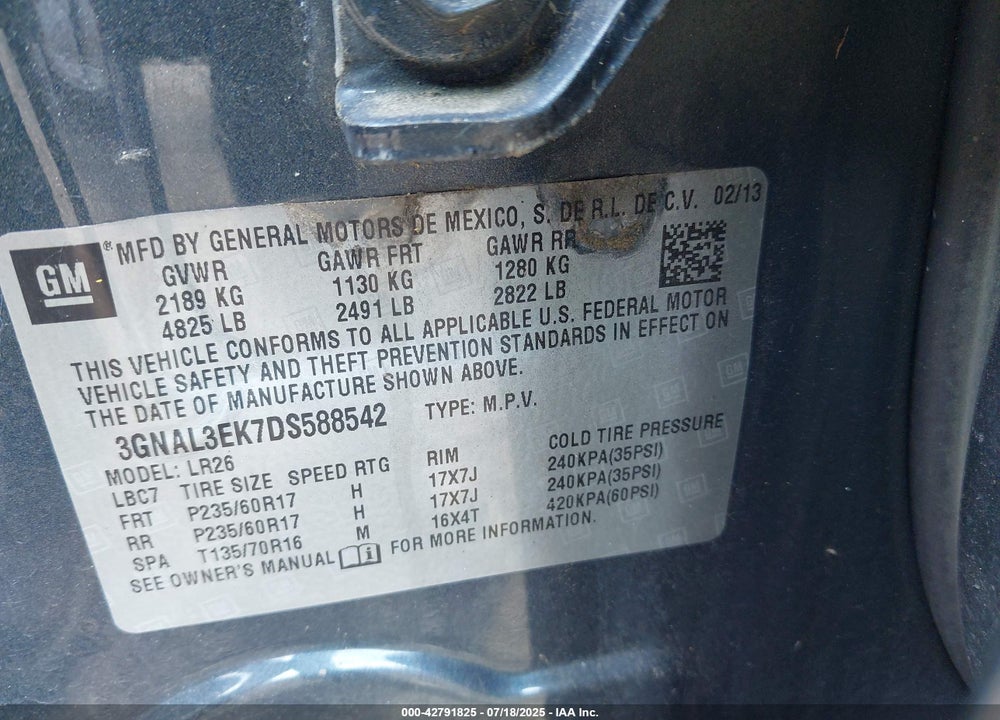 2013 CHEVROLET CAPTIVA SPORT LT VIN: 3GNAL3EK7DS588542