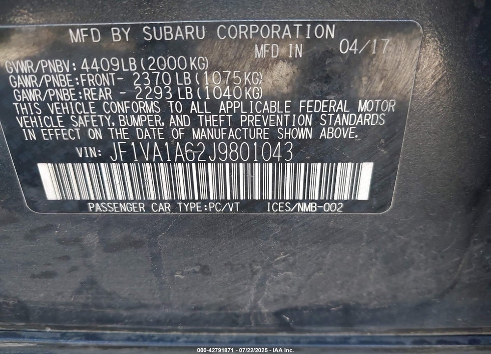 2018 SUBARU WRX VIN: JF1VA1A62J9801043