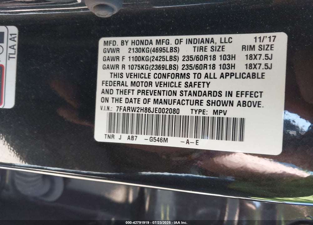 2018 HONDA CR-V VIN: 7FARW2H86JE002080