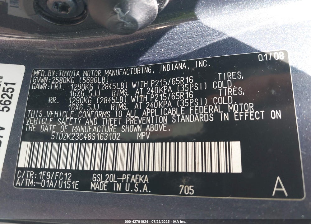 2008 TOYOTA SIENNA LE VIN: 5TDZK23C48S163102