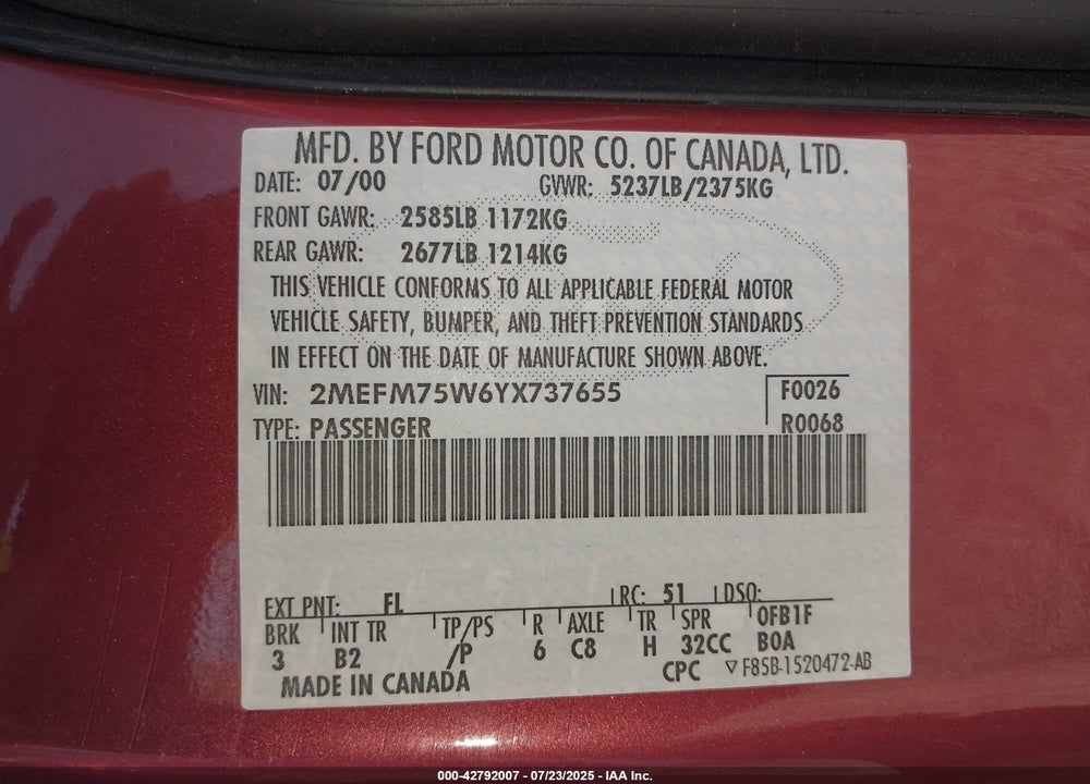 2000 MERCURY GRAND MARQUIS LS VIN: 2MEFM75W6YX737655
