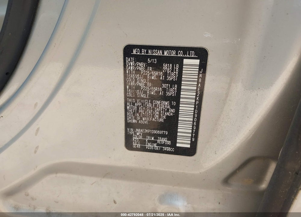 2013 NISSAN QUEST S VIN: JN8AE2KP1D9069779