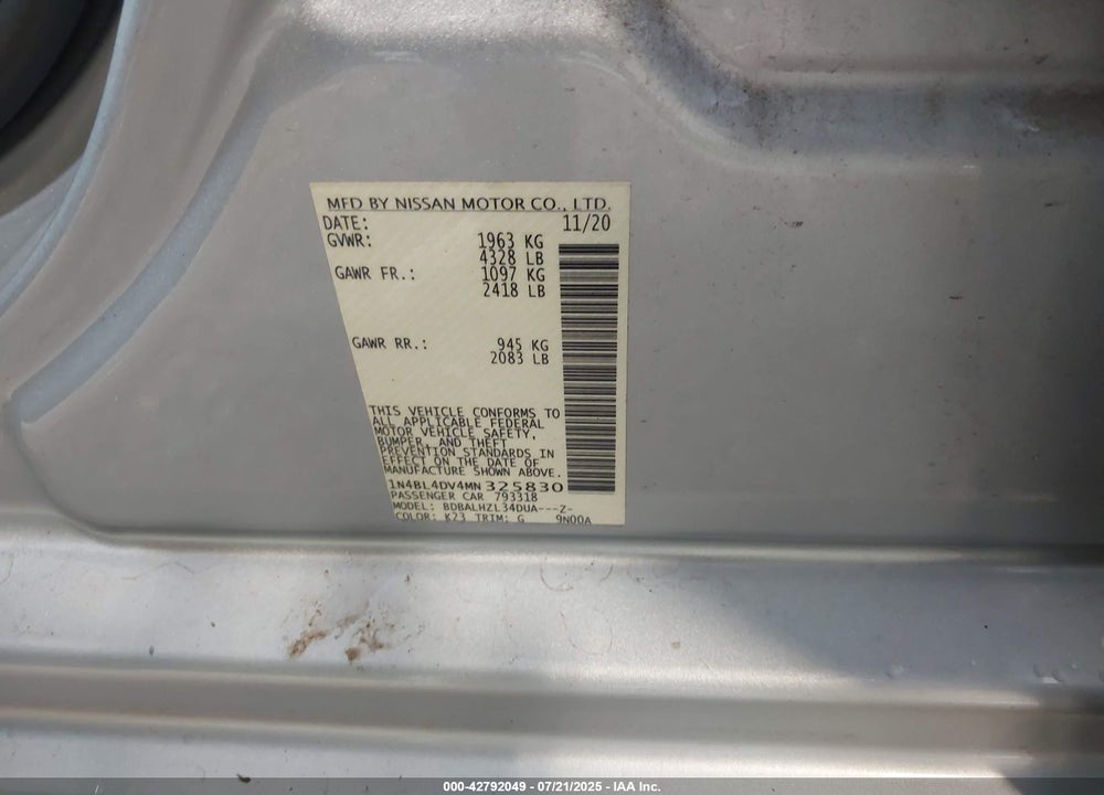 2021 NISSAN ALTIMA VIN: 1N4BL4DV4MN325830