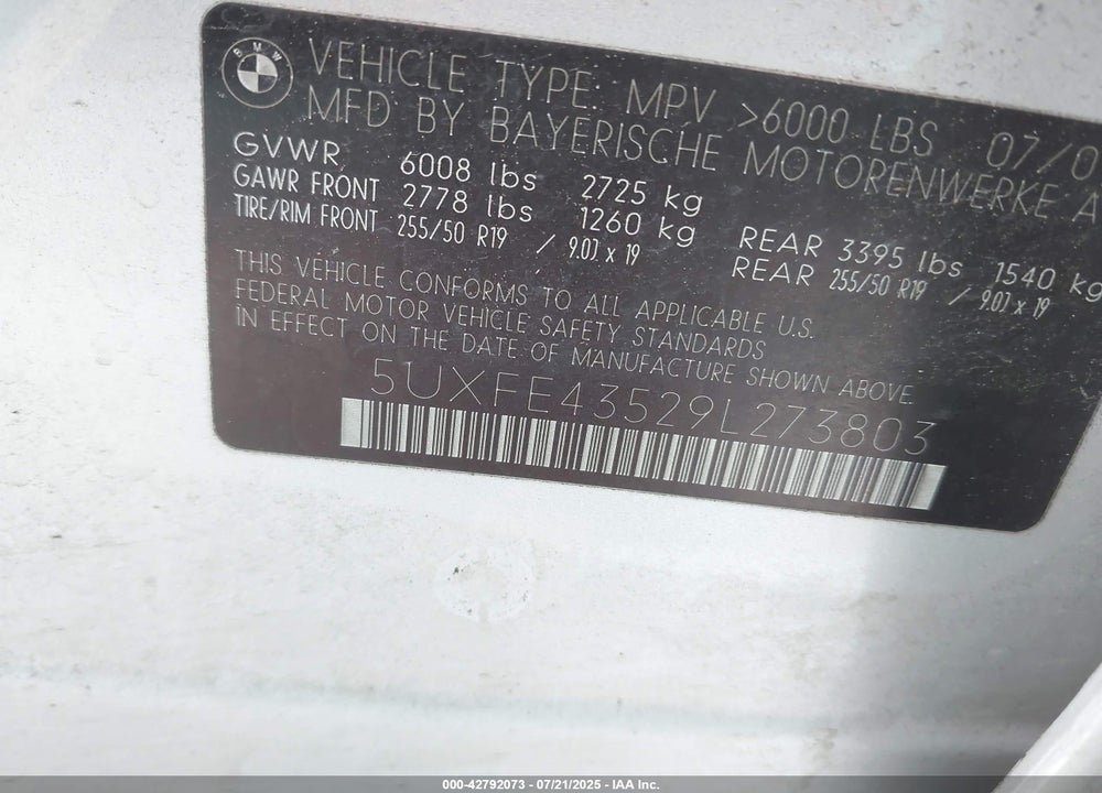 2009 BMW X5 VIN: 5UXFE43529L273803