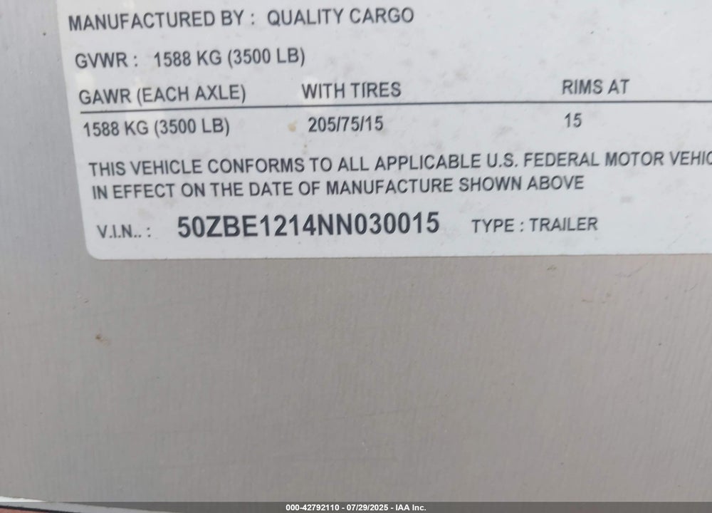 2022 QUALITY 7X12 ENCLO VIN: 50ZBE1214NN030015