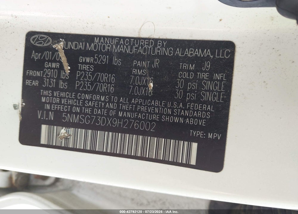 2009 HYUNDAI SANTA FE VIN: 5NMSG73DX9H276002