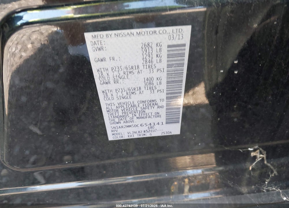 2013 NISSAN PATHFINDER VIN: 5N1AR2MM5DC654141