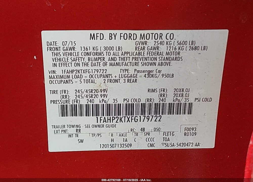 2015 FORD TAURUS VIN: 1FAHP2KTXFG179722