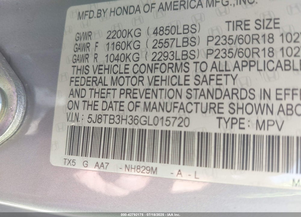 2016 ACURA RDX WATCH PLUS PKG VIN: 5J8TB3H36GL015720