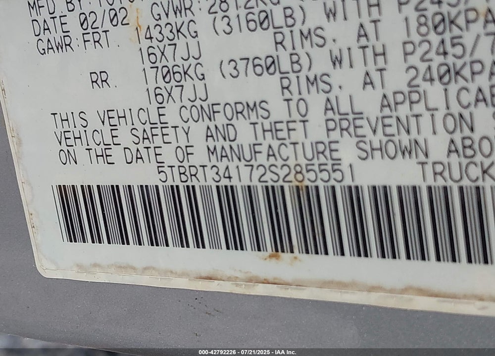 2002 TOYOTA TUNDRA SR5 V8 VIN: 5TBRT34172S285551