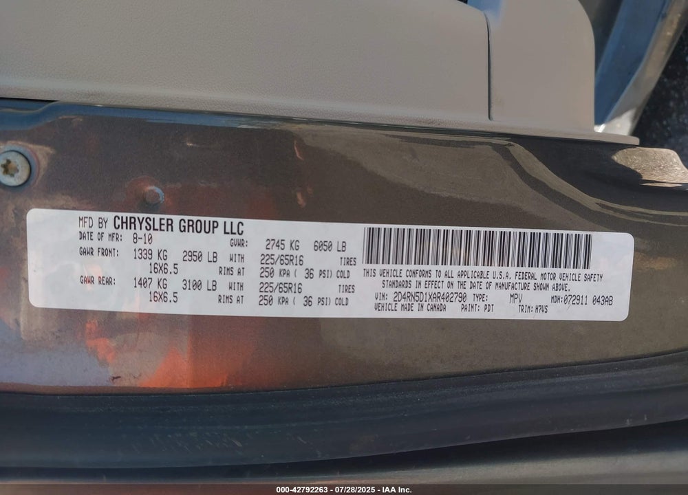 2010 DODGE GRAND CARAVAN VIN: 2D4RN5D1XAR402790