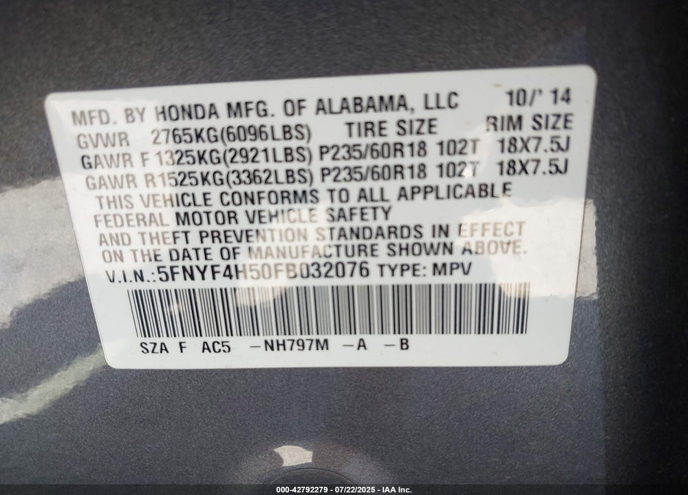 2015 HONDA PILOT VIN: 5FNYF4H50FB032076