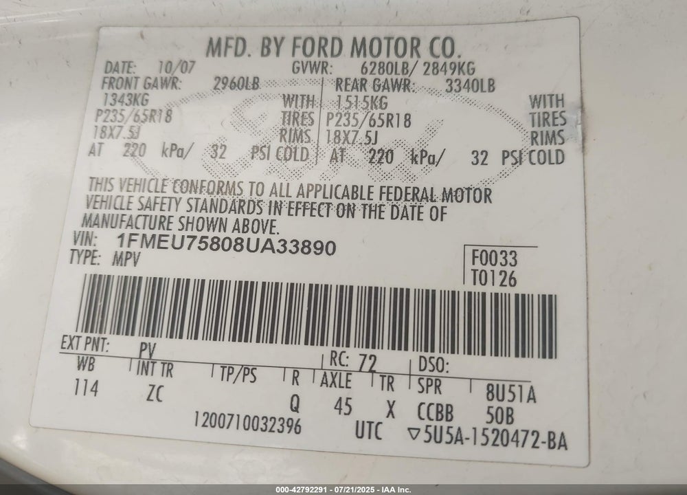 2008 FORD EXPLORER VIN: 1FMEU75808UA33890