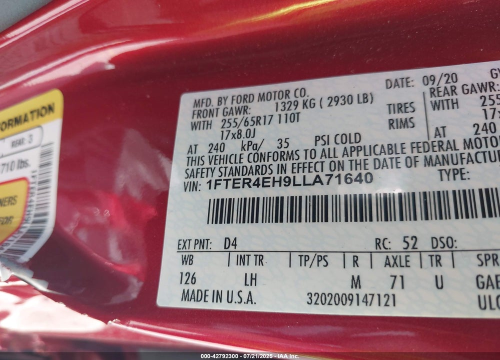 2020 FORD RANGER VIN: 1FTER4EH9LLA71640