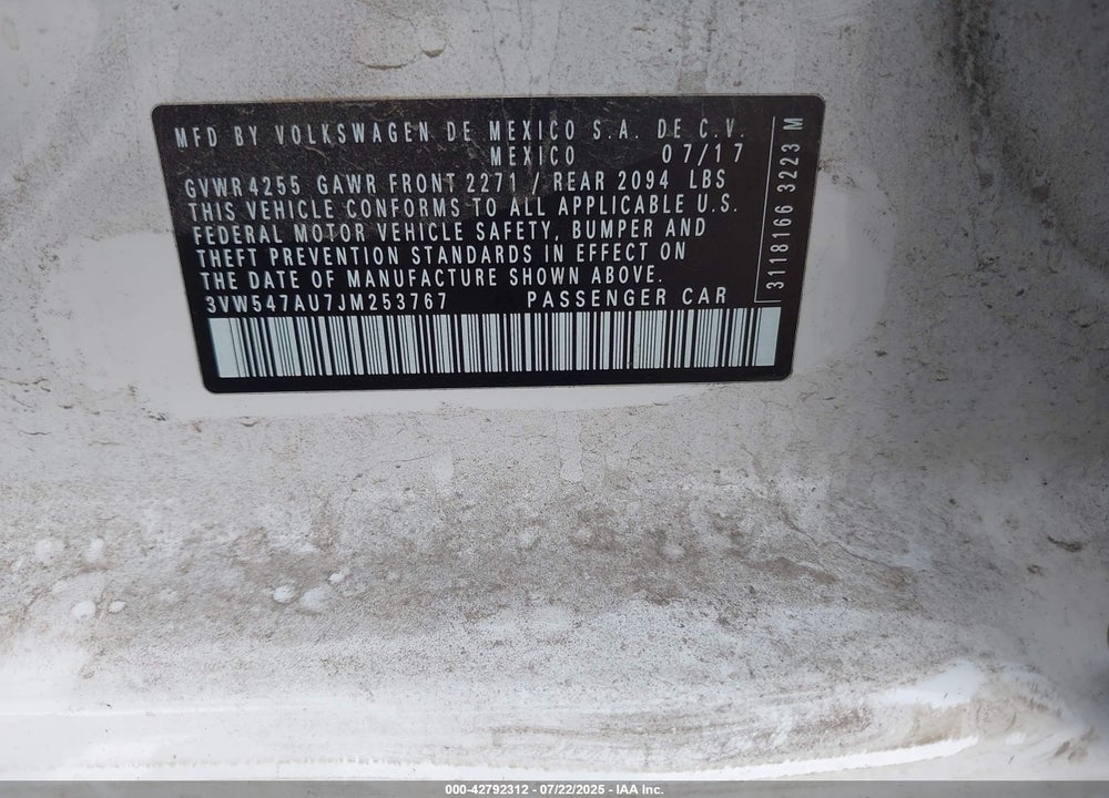 2018 VOLKSWAGEN GOLF VIN: 3VW547AU7JM253767