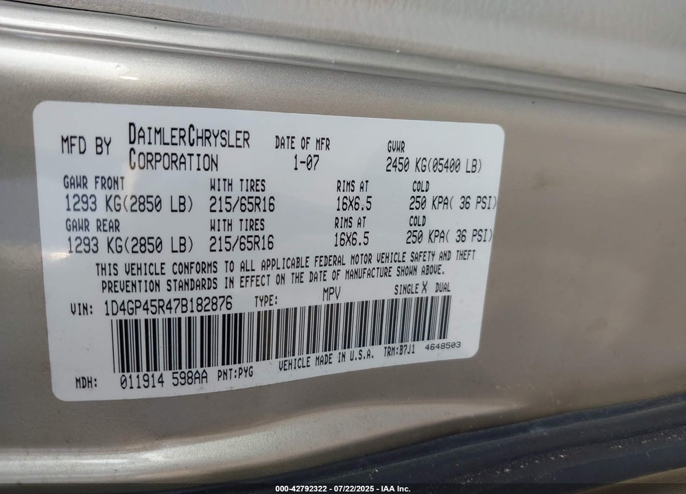2007 DODGE CARAVAN SXT VIN: 1D4GP45R47B182876