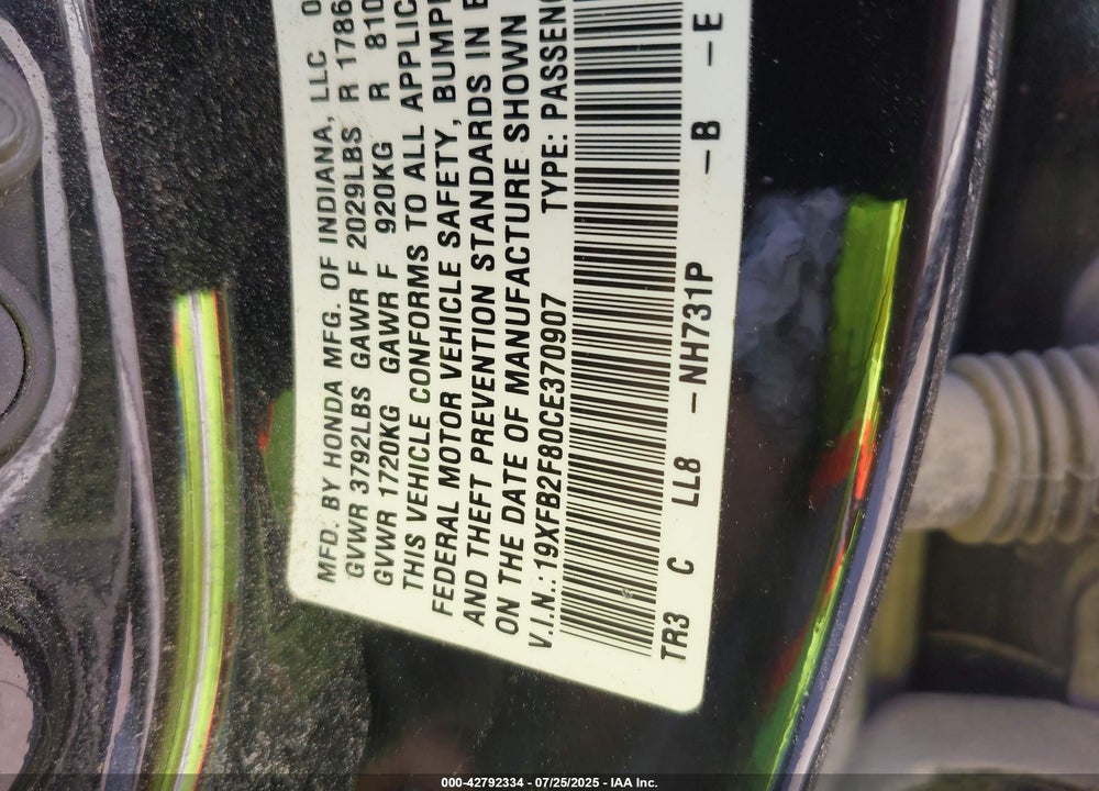 2012 HONDA CIVIC VIN: 19XFB2F80CE370907